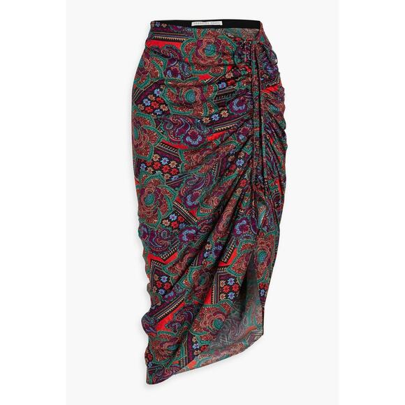 VERONICA BEARD Ari Ruched Midi Skirt Womens 10 Red Paisley Floral Print Slip - Picture 15 of 16